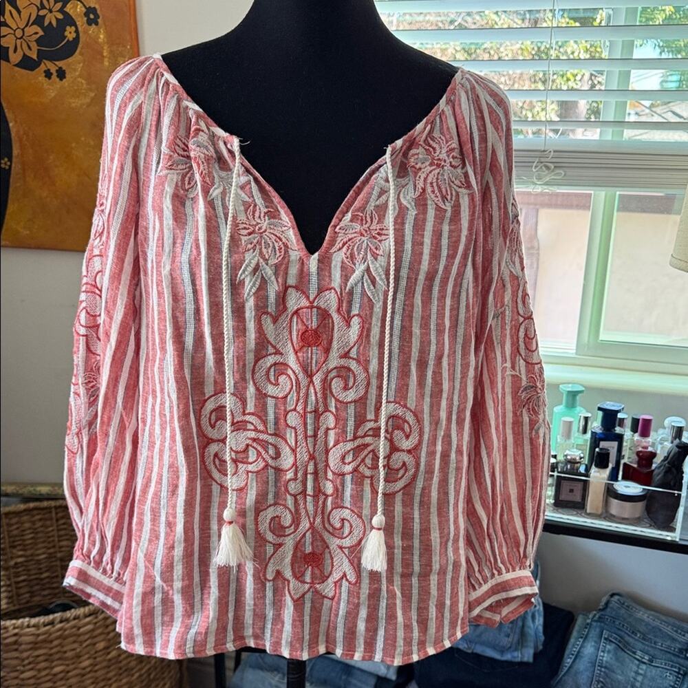 Anthropologie Akemi & Kin Audria Striped Linen Boho Hippie Peasant Top Blouse